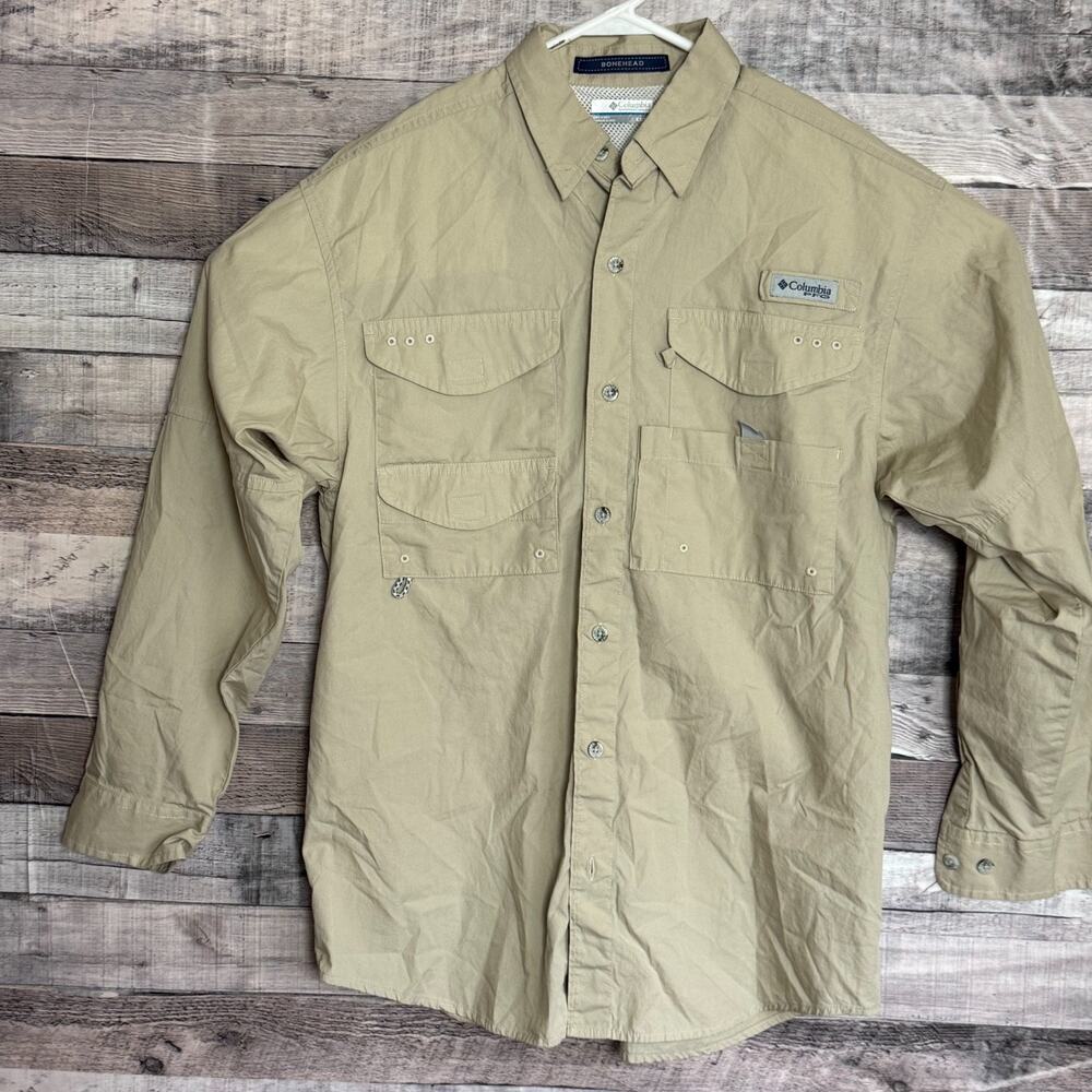 Columbia PFG Bonehead Fishing Shirt Mens Small Brown Button Up Lightweight